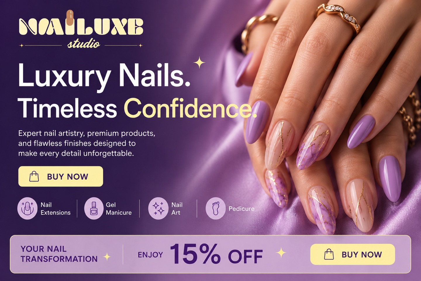 Nailuxe studio — Luxury nails, timeless confidence. Enjoy 15% off your nail transformation.